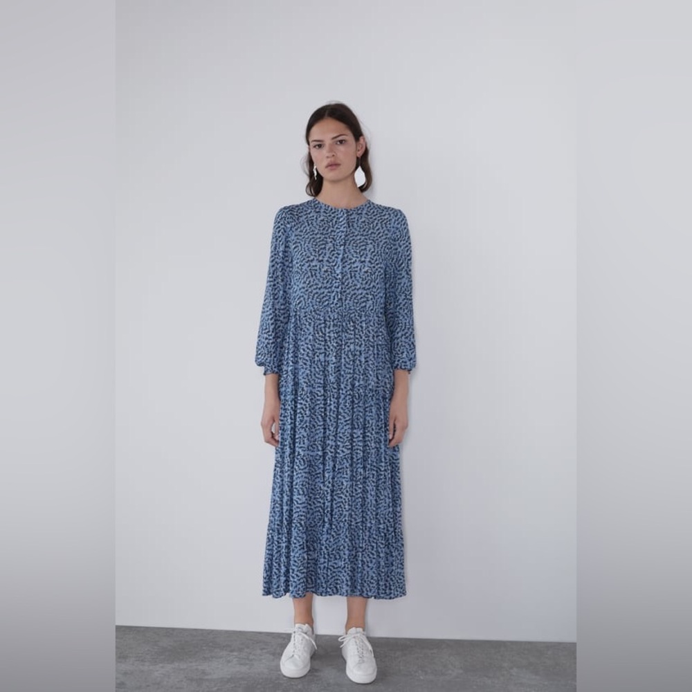 Zara blue printed Viscose Gauzy Tiered Maxi Cottagecore Coquette dress Sz Small